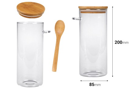 Staklena cilindrična tegla 1000mL, sa drvenom kašikom i poklopcem sa gumicom, 85x200mm-dimenzije_slike