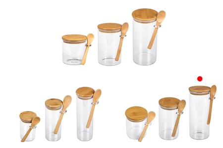 Staklena cilindrična tegla 1000mL, sa drvenom kašikom i poklopcem sa gumicom, 85x200mm-grupa_slika