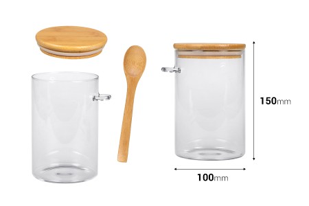 Staklena cilindrična tegla 1000mL, sa drvenom kašikom i poklopcem sa gumicom, 100x150mm-dimenzije_slike