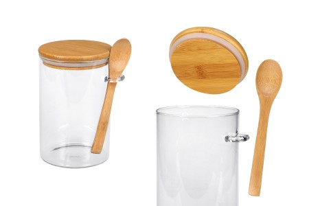 Staklena cilindrična tegla 1000mL, sa drvenom kašikom i poklopcem sa gumicom, 100x150mm-slika_proizvoda