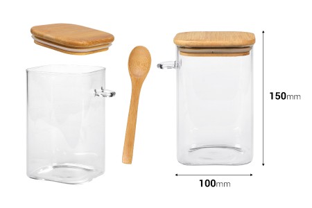 Staklena četvrtasta tegla 1050mL, sa drvenom kašikom i poklopcem sa gumicom, 100x150mm-dimenzije_slike