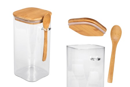 Staklena četvrtasta tegla 1550mL, sa drvenom kašikom i poklopcem sa gumicom, 100x200mm-slika_proizvoda