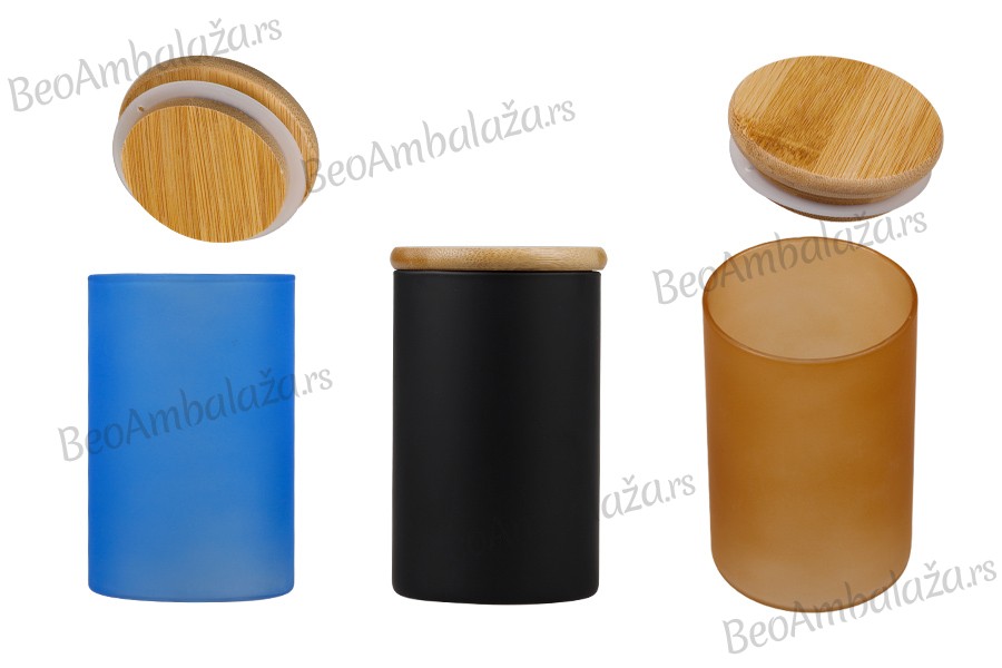 Staklena okrugla teglica 65x100mm, sa drvenim poklopcem sa sigurnosnom gumicom, u više MAT boja