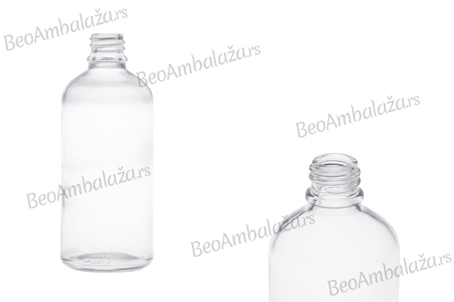 Providna staklena bočica za etarska ulja 100mL, sa grlom PP18 - bez zatvarača Providna staklena bočica za etarska ulja 100mL, sa grlom PP18 - bez zatvarača