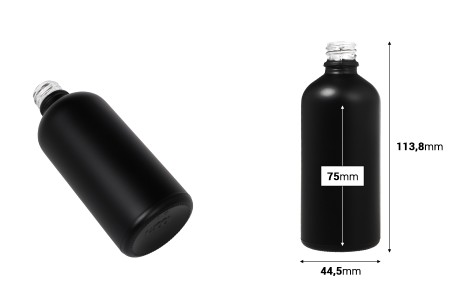Staklena crna bočica od peskiranog stakla za etarska ulja 100mL, sa grlom PP18-2