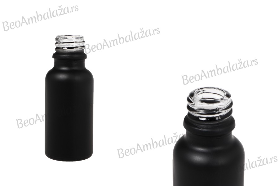 Staklena crna bočica od peskiranog stakla za etarska ulja 20mL, sa grlom PP18 Staklena crna bočica od peskiranog stakla za etarska ulja 20mL, sa grlom PP18