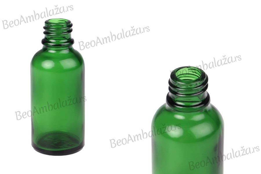Zelena staklena bočica za etarska ulja 30mL, sa grlom PP18 - bez zatvarača Zelena staklena bočica za etarska ulja 30mL, sa grlom PP18 - bez zatvarača