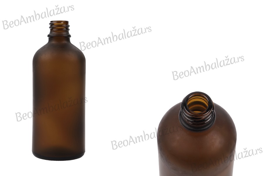 Braon staklena bočica od peskiranog stakla za etarska ulja 100mL, sa grlom PP18 - bez zatvarača Braon staklena bočica od peskiranog stakla za etarska ulja 100mL, sa grlom PP18 - bez zatvarača