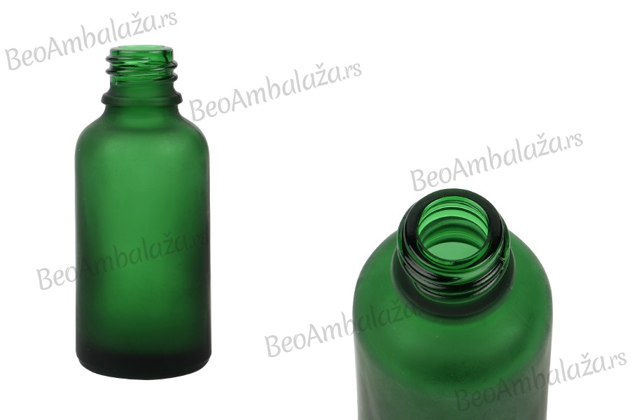 Zelena staklena bočica od peskiranog stakla za etarska ulja 30mL, sa grlom PP18 - bez zatvarača Zelena staklena bočica od peskiranog stakla za etarska ulja 30mL, sa grlom PP18 - bez zatvarača
