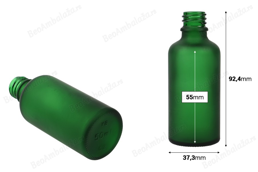 Zelena staklena bočica od peskiranog stakla za etarska ulja 50mL, sa grlom PP18 - bez zatvarača-dimenzije_slike