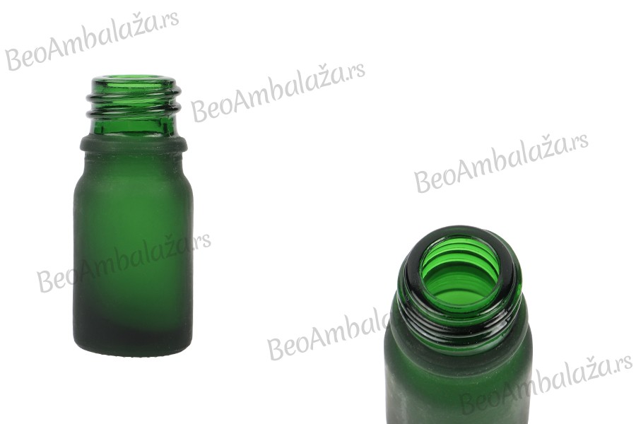 Zelena staklena bočica od peskiranog stakla za etarska ulja 5mL, sa grlom PP18 - bez zatvarača Zelena staklena bočica od peskiranog stakla za etarska ulja 5mL, sa grlom PP18 - bez zatvarača