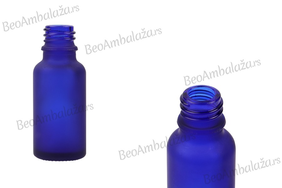Plava staklena bočica od peskiranog stakla za etarska ulja 20mL, sa grlom PP18 - bez zatvarača Plava staklena bočica od peskiranog stakla za etarska ulja 20mL, sa grlom PP18 - bez zatvarača