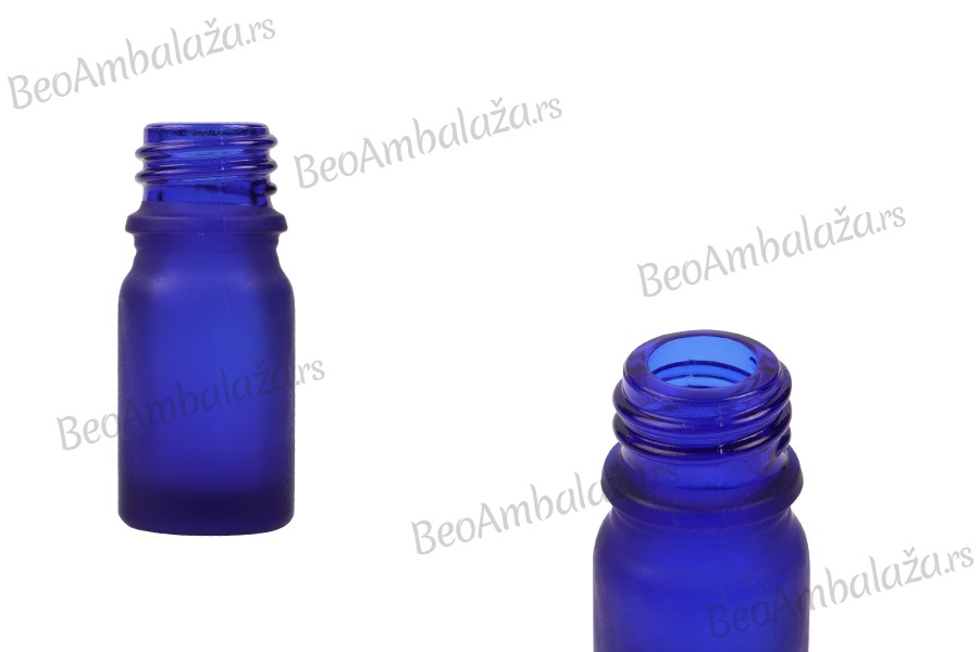 Plava staklena bočica od peskiranog stakla za etarska ulja 5mL, sa grlom PP18 - bez zatvarača Plava staklena bočica od peskiranog stakla za etarska ulja 5mL, sa grlom PP18 - bez zatvarača