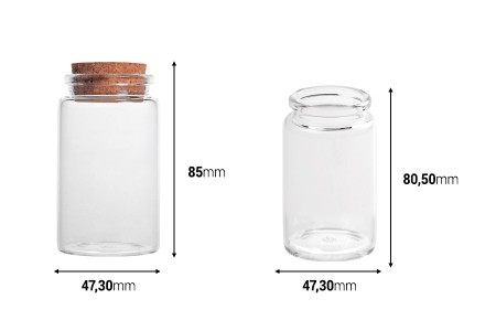 Staklena bočica 100mL širokog grla 47x85 sa konusnim plutanim čepom - 6 kom-dimenzije_slike