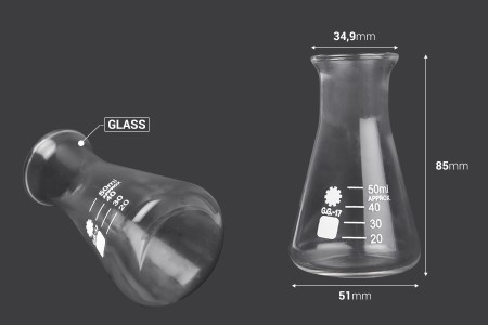 Staklena bočica Erlenmeyer 50mL-dimenzije_slike