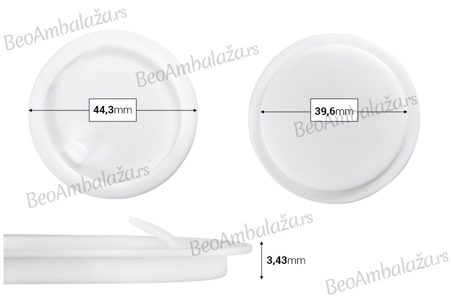 Plastični međupoklopac (PE) bele boje, visine 3,43 mm i prečnika 44,30 mm (mali prečnik: 39,60 mm) - 12 kom