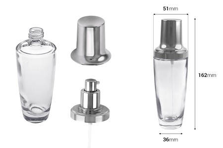 Staklena bočica 100mL za kreme, sa srebrnom pumpicom i zatvaračem-dimenzije_slike