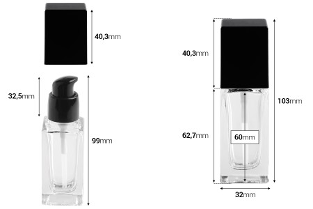 Staklena četvrtasta bočica 30mL za kreme sa crnom pumpicom i crnim zatvaračem-dimenzije_slike