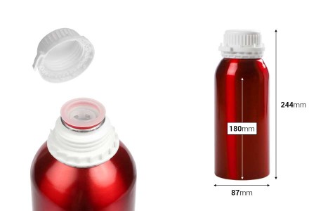 Crvena aluminijumska boca 1000mL, sa plastičnim čepom i navojnim zatvaračem-dimenzije_slike