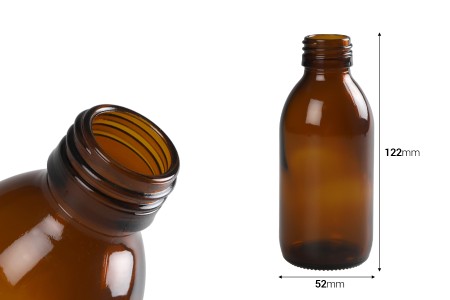 Staklena bočica 150mL za etarska ulja u braon boji, sa grlom PP28-dimenzije_slike