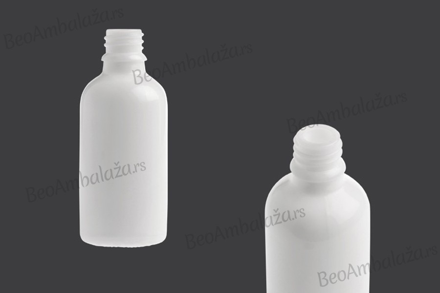 Bela staklena bočica za etarska ulja 50mL, sa grlom PP18 - bez zatvarača