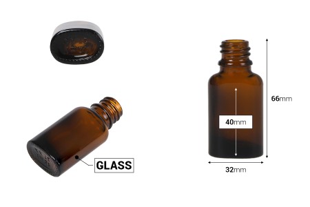 Staklena ovalna karamel bočica za etarska ulja 10mL, sa grlom PP18-dimenzije_slike