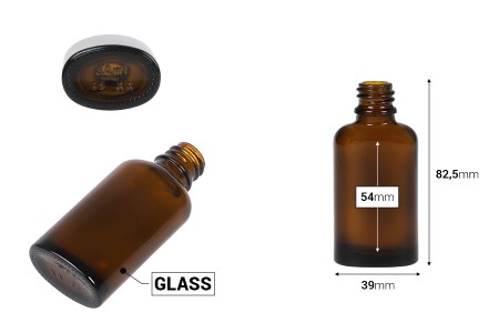 Staklena ovalna karamel bočica za etarska ulja 30mL, sa grlom PP18-dimenzije_slike