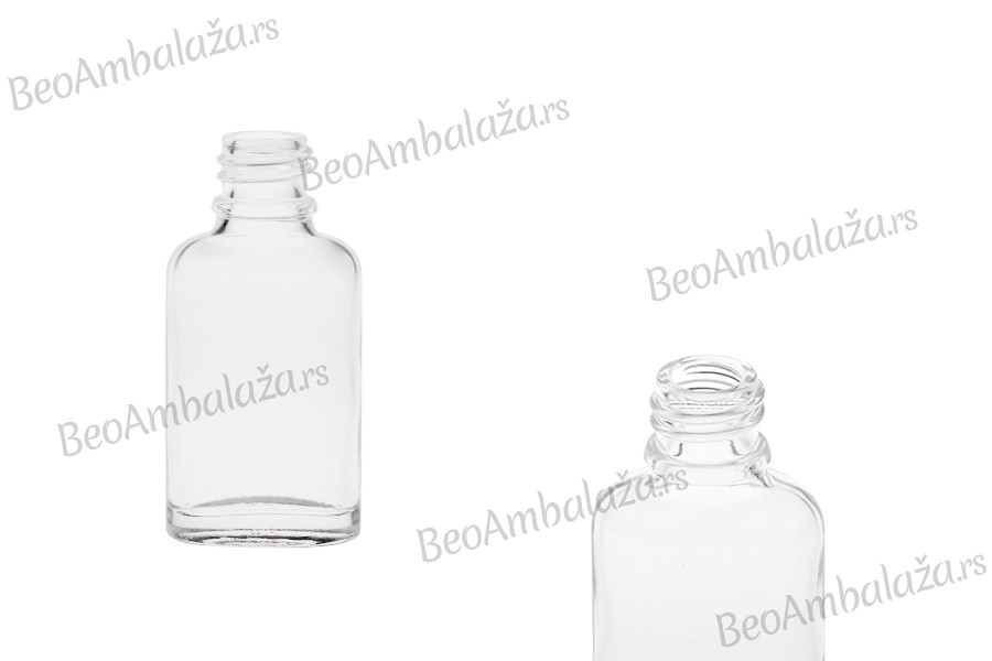 Staklena ovalna providna bočica za etarska ulja 20mL, sa grlom PP18