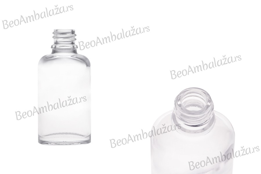 Staklena ovalna providna bočica za etarska ulja 30mL, sa grlom PP18