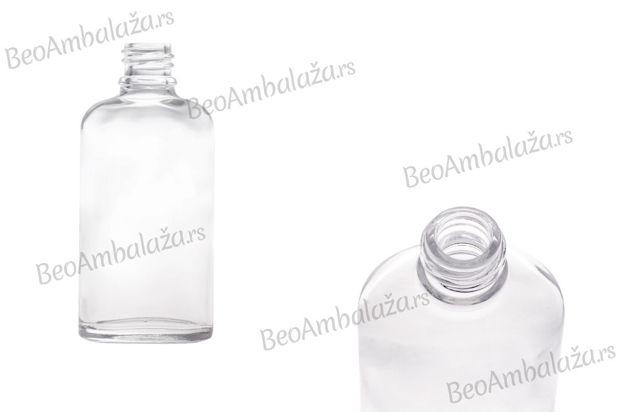 Staklena ovalna providna bočica za etarska ulja 50mL, sa grlom PP18