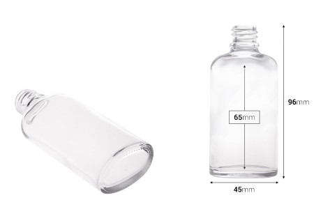Staklena ovalna providna bočica za etarska ulja 50mL, sa grlom PP18-dimenzije_slike