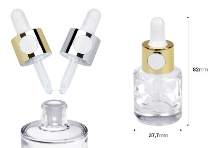 Staklena bočica 15mL sa zlatnom ili srebrnom pipetom na klik i drenažnim elementom-dimenzije_slike