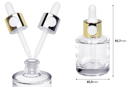 Staklena bočica 30mL sa zlatnom ili srebrnom pipetom na klik i drenažnim elementom-dimenzije_slike