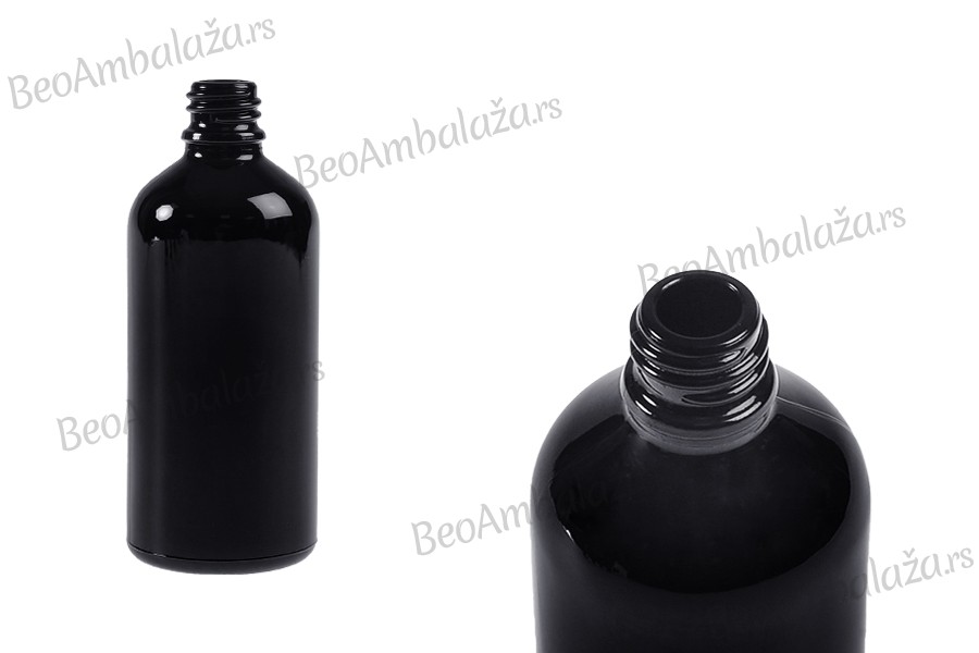 Staklena crna bočica za etarska ulja 100mL, sa grlom PP18