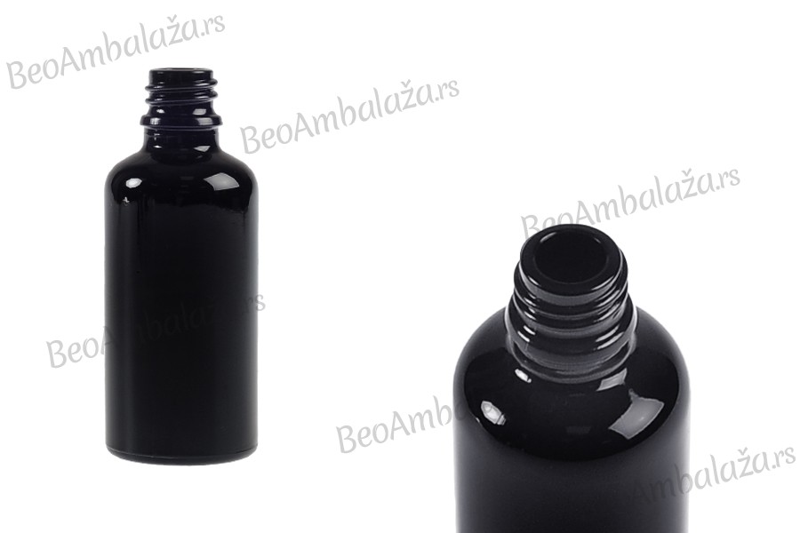 Staklena crna bočica za etarska ulja 50mL, sa grlom PP18