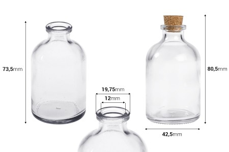 Staklena flašica 55mL sa konusnim plutanim čepom - 12 kom-dimenzije_slike