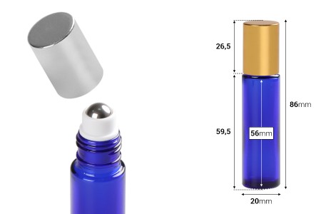 Staklena plava roll-on bočica (sa metalnom kuglicom) 10mL sa zatvaračem u dve boje - 6 kom-dimenzije_slike