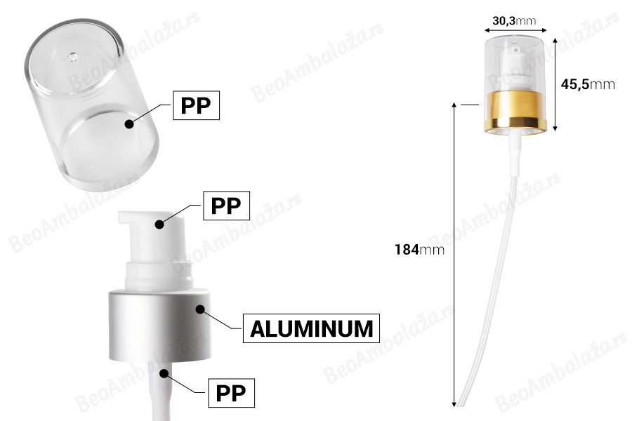 Aluminijumska srebrna ili zlatna mat pumpica PP24 za kreme sa providnim zatvaračem-dimenzije_slike