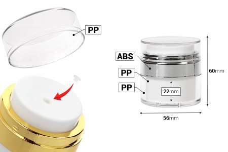 Airless plastična teglica 15mL sa providnim zatvaračem i srebrnim ukrasem-dimenzije_slike