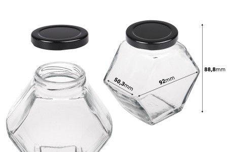 Staklena tegla 200 ml šestougaona sa crnim zatvaračem – 6 kom-dimenzije_slike