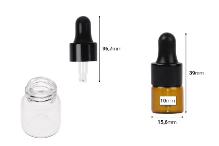 Staklena providna ili karamel bočica 1 mL sa pipetom - 12 kom-dimenzije_slike
