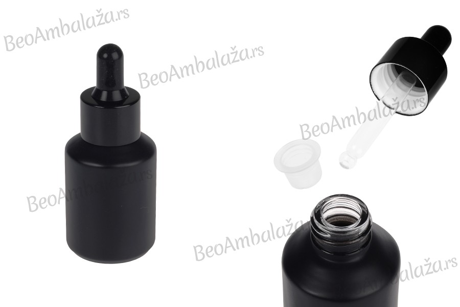 Staklena crna mat bočica 30 mL sa crnom pipetom