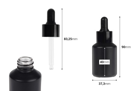 Staklena crna mat bočica 30 mL sa crnom pipetom-dimenzije_slike