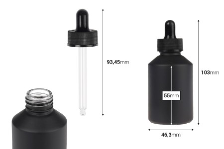 Staklena crna mat bočica 60 mL sa crnom pipetom-dimenzije_slike
