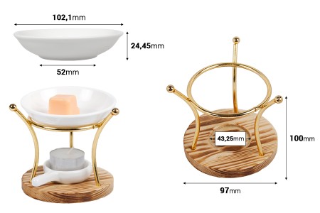 Metalni osveživač prostora sa drvenom osnovom, keramičkom kašikom i posudom za voskove i ulja-dimenzije_slike