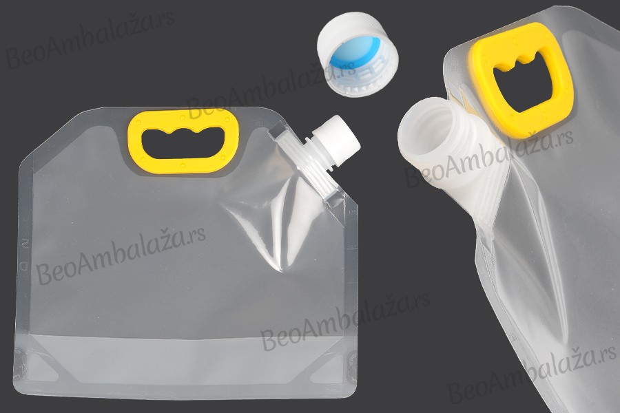 DoyPack kesica za tečnosti 1,5 L providna sa belim sigurnosnim zatvaračem i ručkom – 10 kom