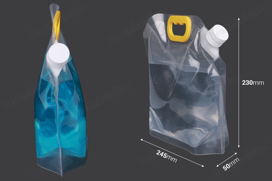 DoyPack kesica za tečnosti 1,5 L providna sa belim sigurnosnim zatvaračem i ručkom – 10 kom-dimenzije_slike