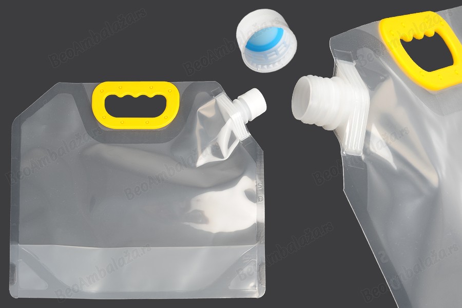 DoyPack kesa za tečnosti 2,5 L providna sa belim sigurnosnim zatvaračem i ručkom – 10 kom-slika_proizvoda