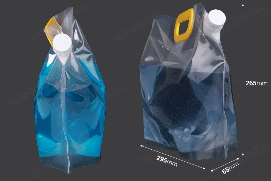 DoyPack kesa za tečnosti 2,5 L providna sa belim sigurnosnim zatvaračem i ručkom – 10 kom-dimenzije_slike