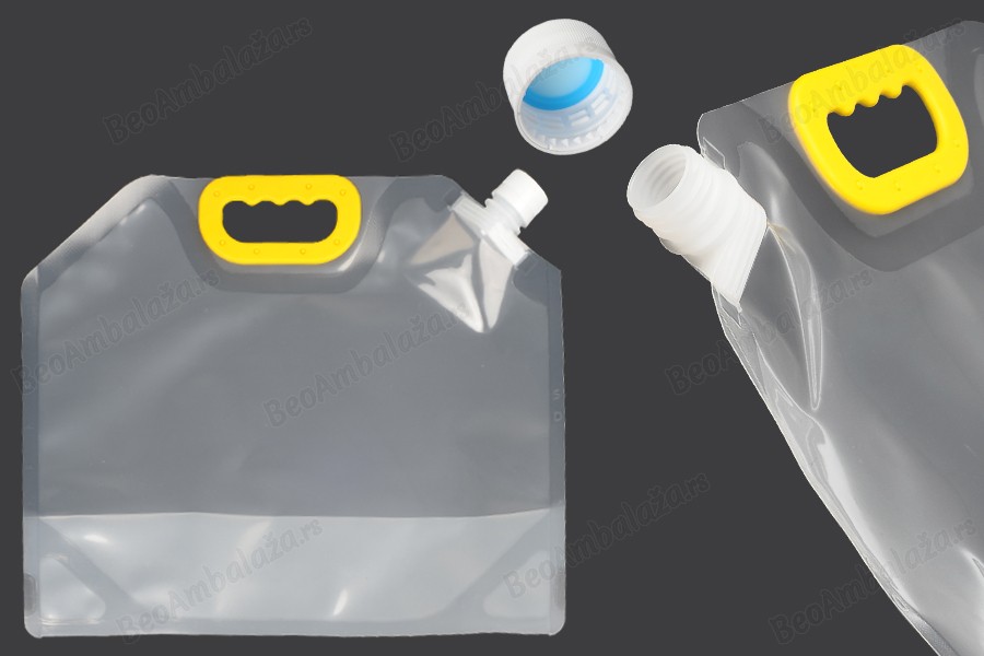 DoyPack kesica za tečnosti 5 L providna sa belim sigurnosnim zatvaračem i ručkom – 10 kom-slika_proizvoda